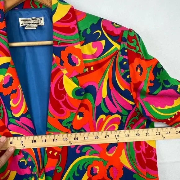 Vintage 90s All Over Bright Colorful Psychedelic Florals Artsy Blazer Medium - Picture 12 of 13